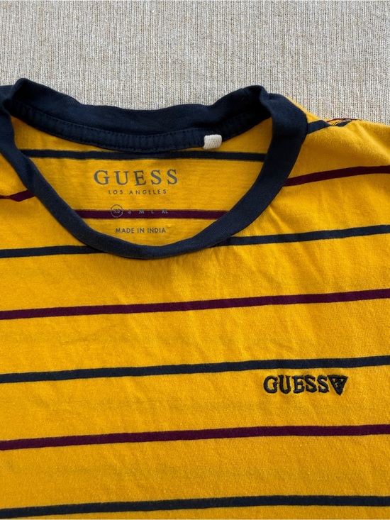 Guess Other - GUESS Yellow Crewneck T-Shirt with Navy and Burgundy Stripes